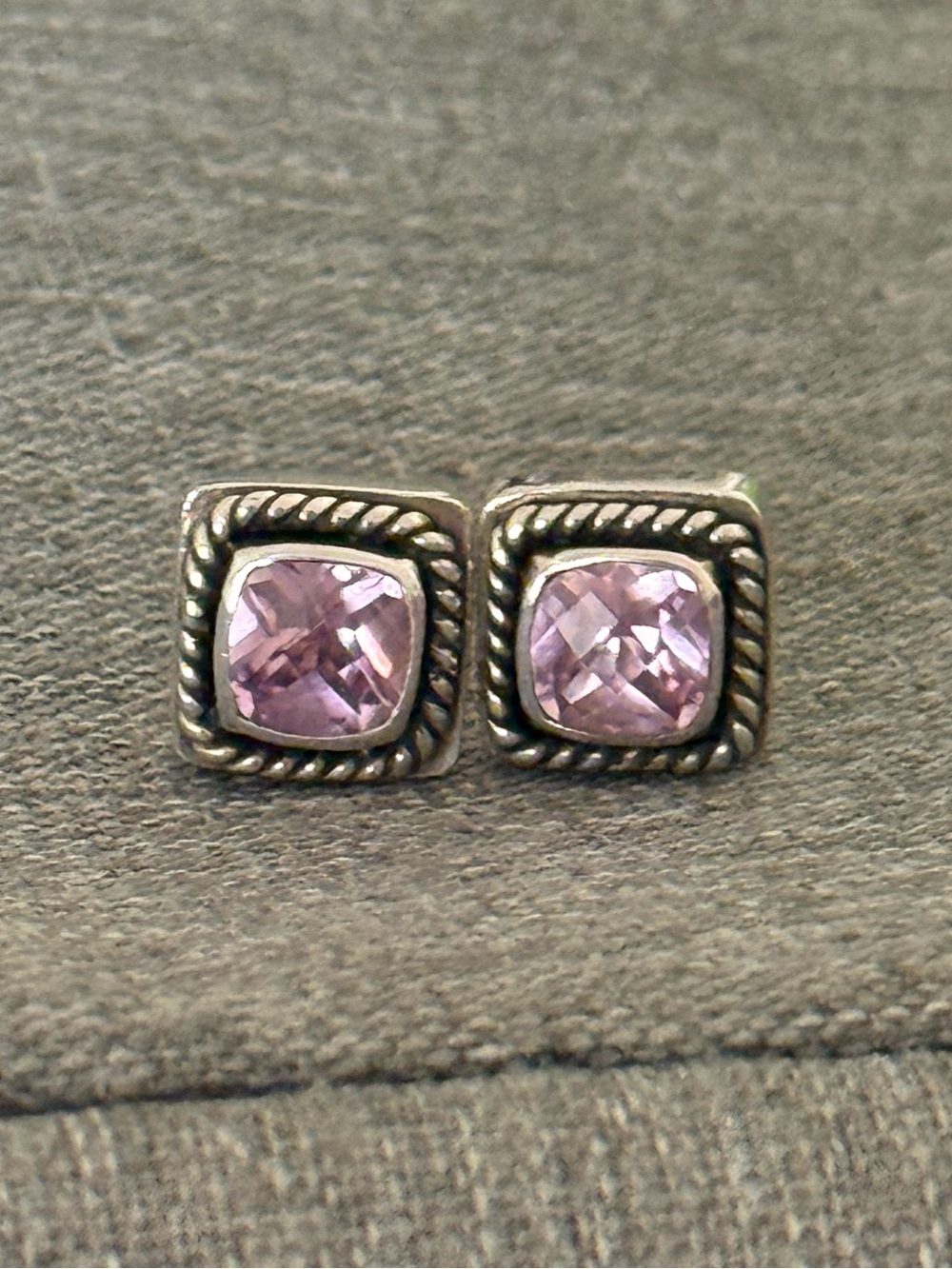 Vintage Lori Bonn Sterling Silver Square Pink Stone Stud Earrings